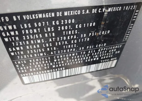 2024 Volkswagen Tiguan 2.0T Se/2.0T Wolfsburg Edition из США, поврежденный, VIN 3VV2B7AX9RM034389